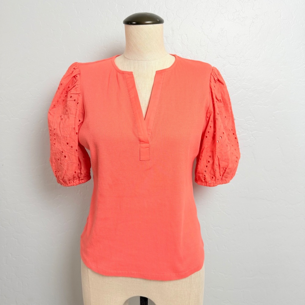 Dolan Left Coast Coral Orange Ribbed Eyelet Puff Sleeve Top Small V-Neck